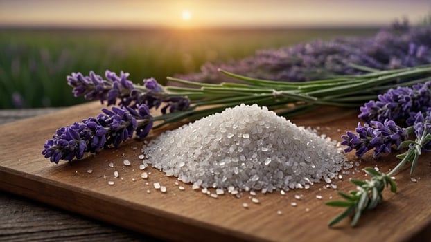 A serene scene featuring lavender flowers and coarse salt on a wooden surface during sunset photo