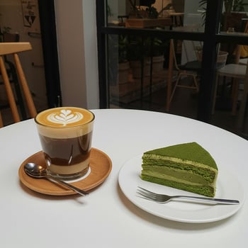 Vietnamese Coffee and Matcha Cake A Minimalist, Cozy Cafe Moment in 8k detail. photo