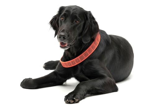 A black dog with an orange collar laying down photo