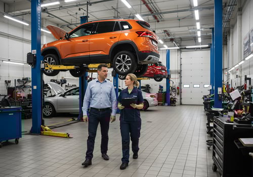 Orange SUV Undergoing Inspection in Modern Auto Repair Shop photo