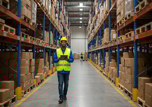 Warehouse Worker Walking Through Aisles of Cardboard Boxes photo
