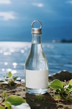 A bottle of water with a label on it sitting on a rock photo