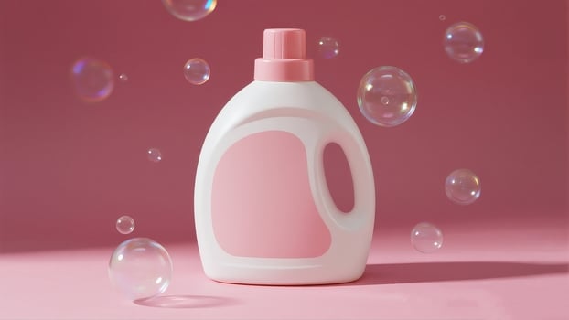 A bottle of liquid soap and bubbles on a pink background photo