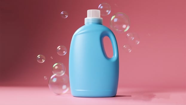 A blue bottle of liquid soap on a pink background photo