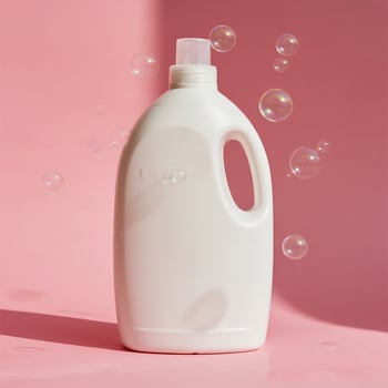 A white plastic bottle of liquid on a pink background photo