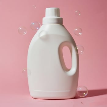 A white plastic bottle of laundry detergent on a pink background photo