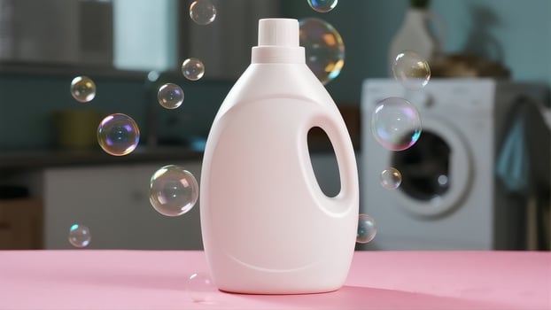 A bottle of liquid soap is sitting on a table photo