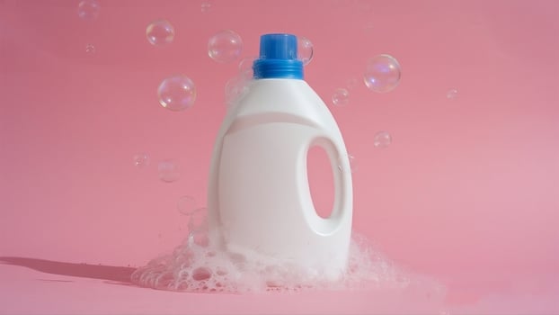 A bottle of liquid soap is on a pink background photo