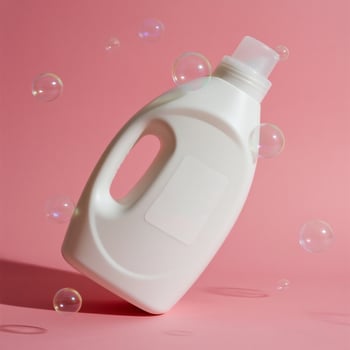 A plastic bottle of laundry detergent on a pink background photo