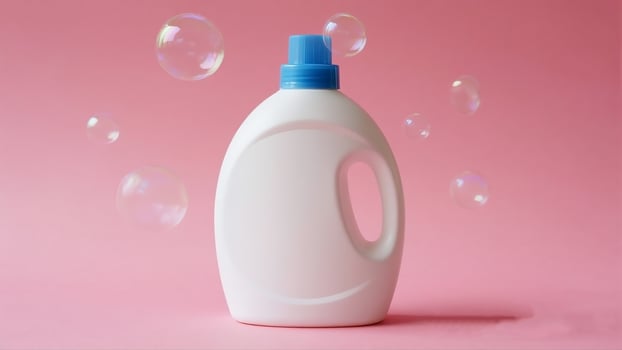 A bottle of liquid soap with bubbles on a pink background photo