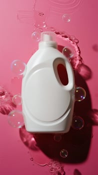 A plastic jug with soap bubbles on a pink background photo