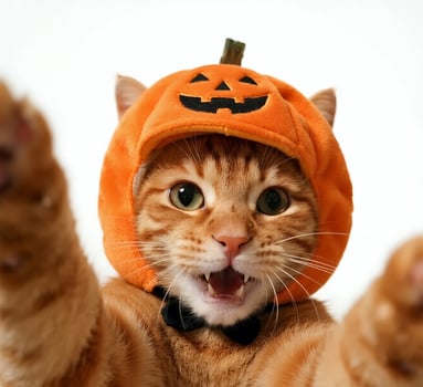 A cat wearing a pumpkin hat and pointing photo