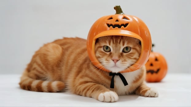A cat wearing a pumpkin helmet photo