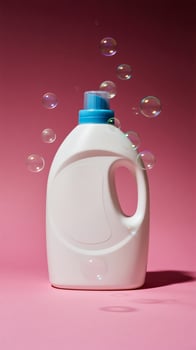 a white plastic jug with soap bubbles on a pink background studio shot photo