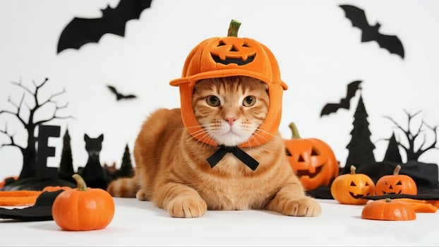 A cat wearing a pumpkin hat and a bow tie photo