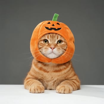 a cat wearing a pumpkin hat studio shot photo