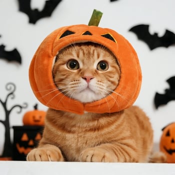 A cat wearing a pumpkin hat on a table photo