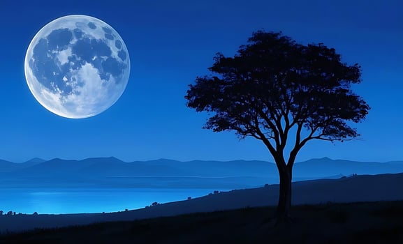 Moonlit landscape with tree silhouette photo