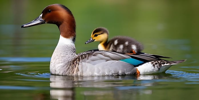Duck and duckling swimming in water photo