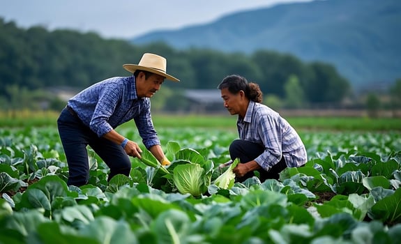 Two farmers harvesting cabbage in a field photo