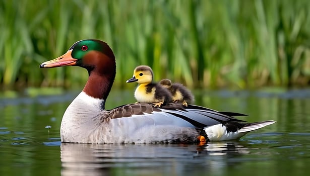 Duck with ducklings in a pond photo