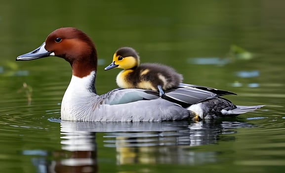 Duck with duckling on its back photo