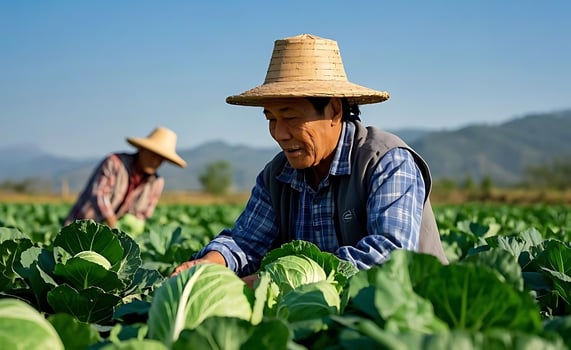 Farmers harvesting cabbage in a field photo