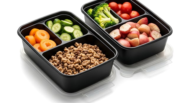 Prepared Meal Containers with Fresh Cut Vegetables and Snacks photo