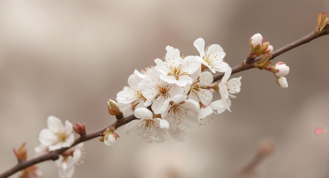 A branch of white flowers with a blurred background photo