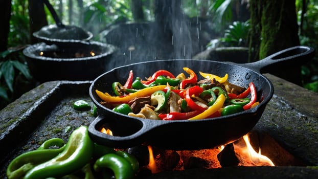 A skillet filled with vegetables and peppers on a fire photo