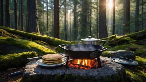 Cooking over a campfire in the woods photo