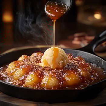 Pouring warm caramel sauce over a delightful dessert with ice cream. photo