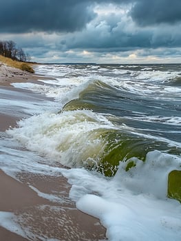 Stormy Seas Crash Onto Sandy Beach With Foaming Waves. photo