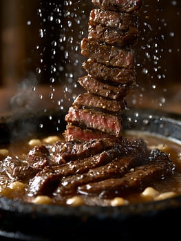 Sizzling Slices of Steak with Dripping Sauce and Steam. photo