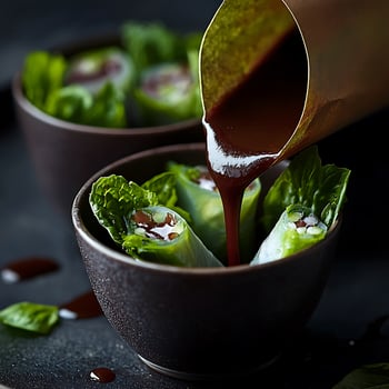 Fresh Spring Rolls with Savory Sauce Being Poured Over Them. photo