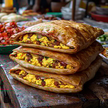 Savory Scrambled Egg Pastry Layers Ready to Eat on Wooden Surface. photo