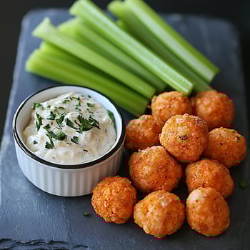 Spicy Chicken Bites with Creamy Dip and Fresh Celery Sticks. photo