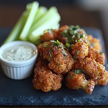 Spicy Cauliflower Bites with Creamy Dip and Celery Sticks. photo