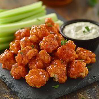 Spicy Cauliflower Bites with Cooling Ranch Dip and Celery Sticks. photo