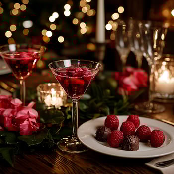 Celebrate the moment with romantic drinks, chocolates, and festive bokeh lights. photo