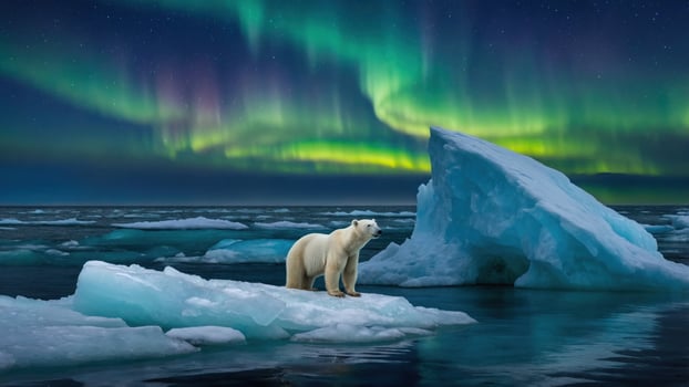 Polar bear standing on ice with aurora borealis in background photo