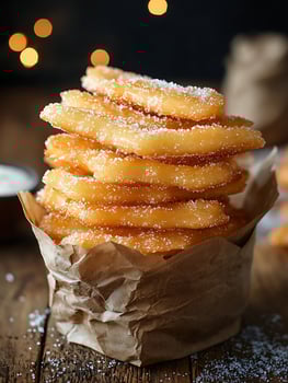Warm Sugar Coated Churros Stacked High in a Kraft Paper Cup. photo