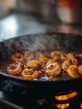 Sizzling Shrimp Cooking in a Hot Pan with Steam Rising. photo
