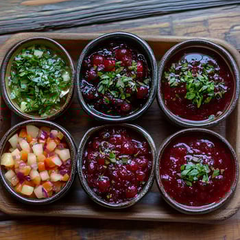 Six Bowls of Delicious Sauces and Condiments Arranged Artistically. photo