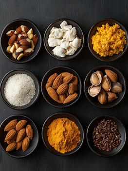 Assortment of Healthy Foods in Black Bowls on a Dark Background. photo