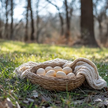 Basket of Fresh Eggs Nestled in a Cozy Blanket Outdoors. photo