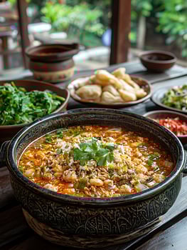 Delicious Asian Hot Pot Meal with Fresh Side Dishes and Savory Toppings. photo