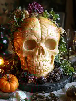 Eerie Skull Cake Decorated with Flowers and a Pumpkin for Halloween. photo
