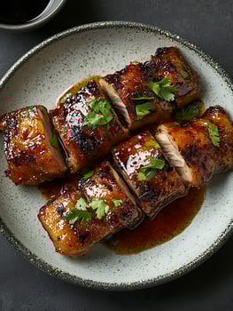 Delicious Glazed Chicken Breast Slices with Fresh Parsley Garnish. photo