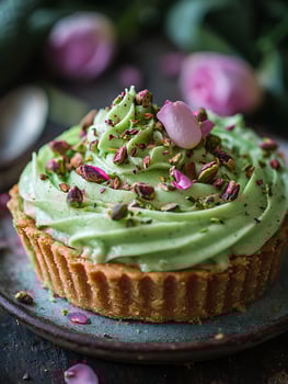 Delightful Pistachio Tart with Floral Accents and a Hint of Sweetness. photo